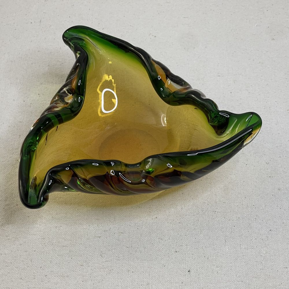 Art Glass Green Amber Triangular Ashtray Murano Style Mid‎ Century Handmade 60s